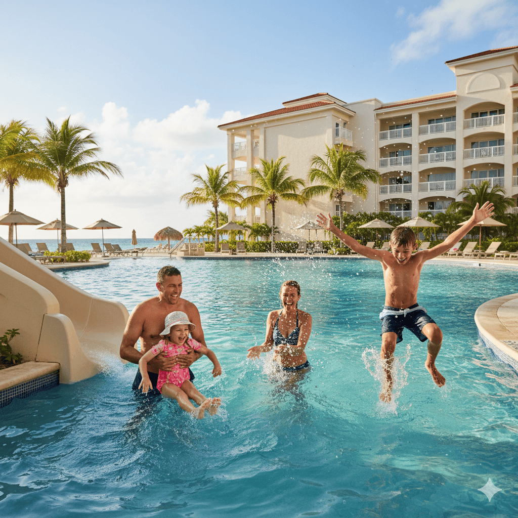 Una familia disfrutando de un día en la playa junto a una piscina en un resort de Punta Cana